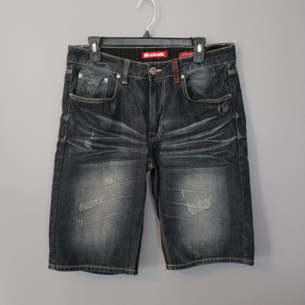 Ecko Unlimited Distressed Dark Blue Jean Shorts